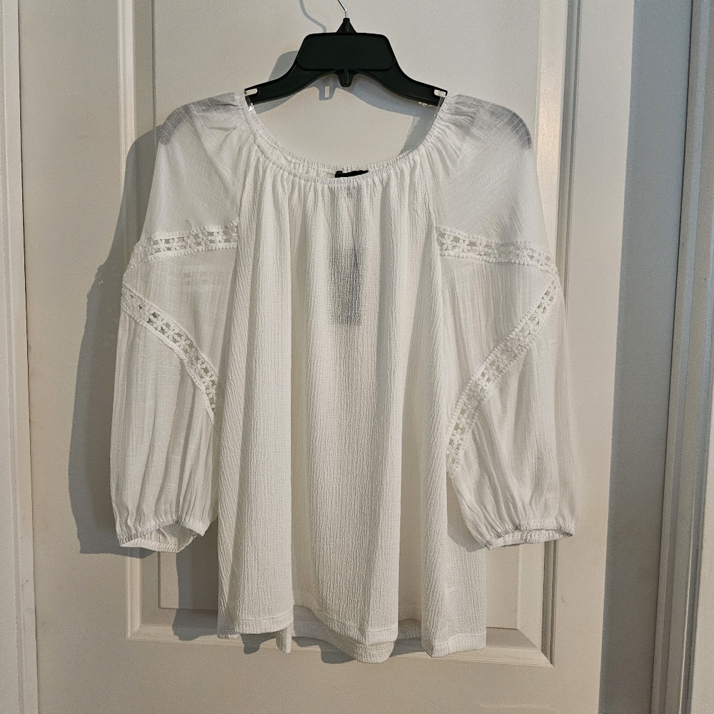 🔥🍍 NWT Fred David white boho 3/4 sleeve blouse, Large 🍍🔥